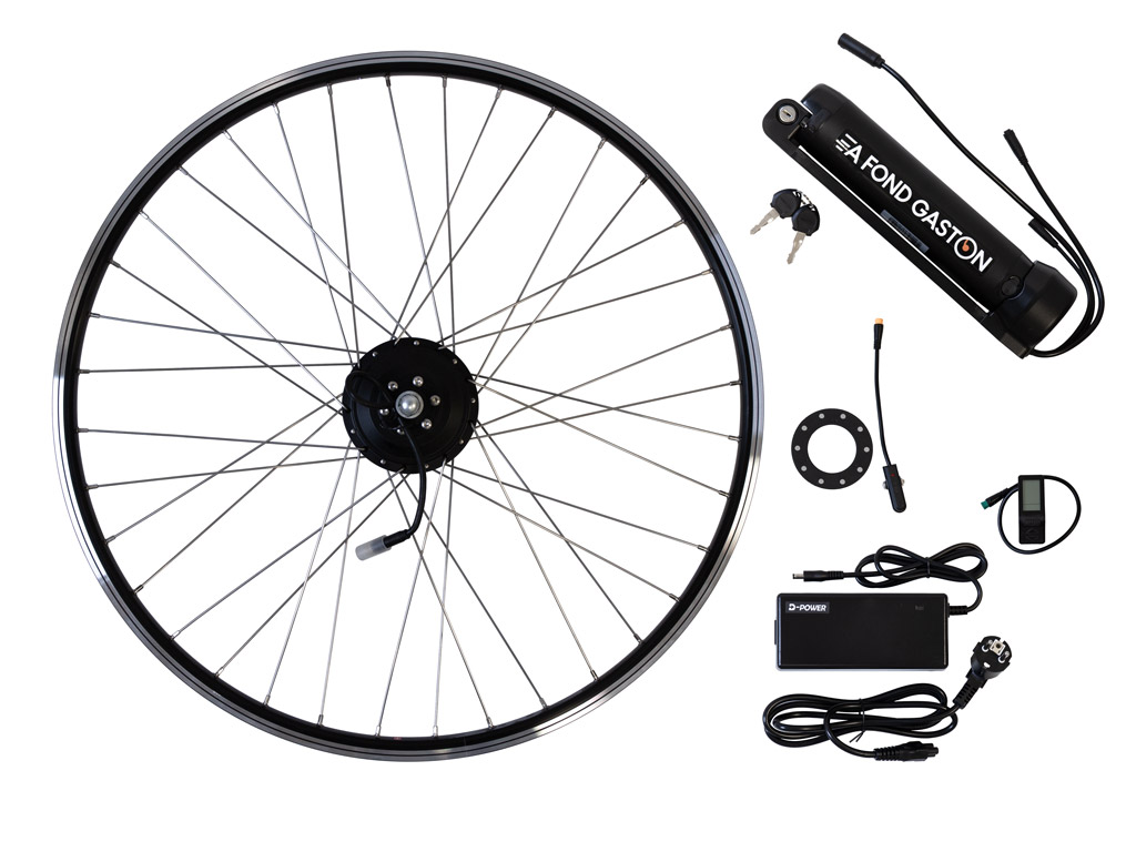 le kit éco est composé d'un moteur roue, d'une batterie avec son support, d'un chargeur et d'un écran