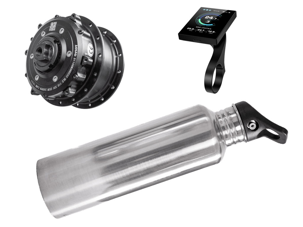 le Kit route est composé d'un moteur roue, d'une batterie avec son support, d'un chargeur et d'un écran